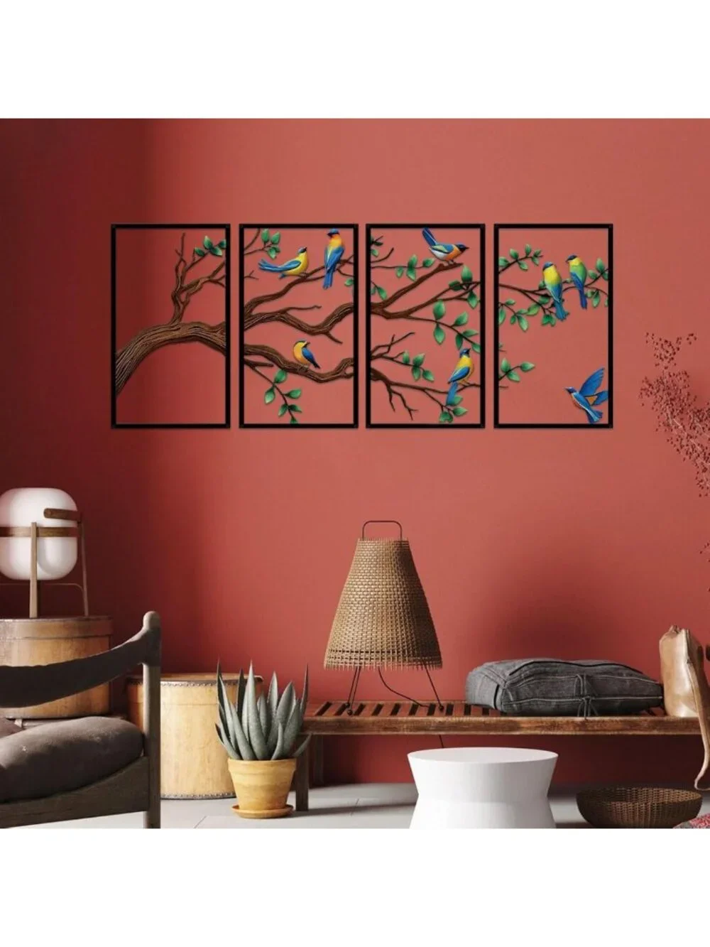 4-Piece Large Metal Birds & Branch Wall Art - Colorful Tree of Life Sculpture